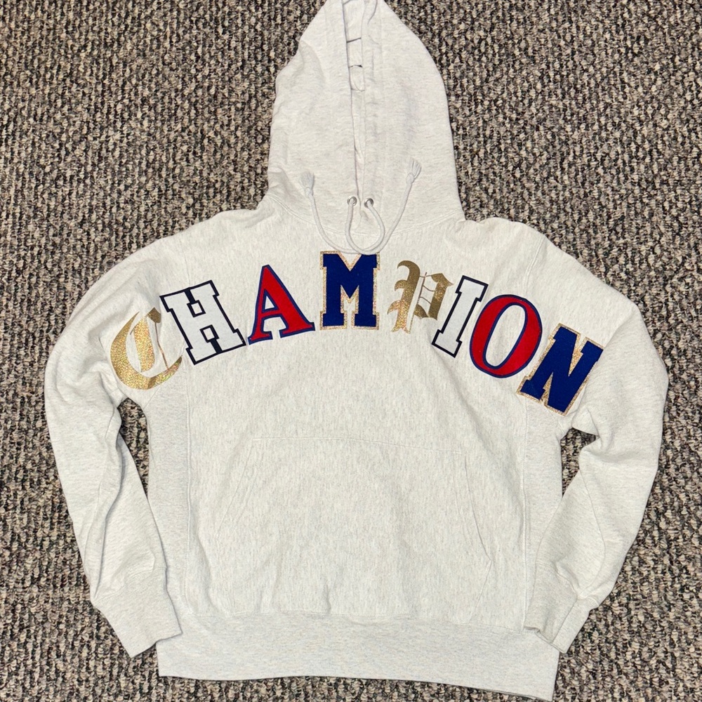 Champion Light Gray Hoodie with Colorful Logo